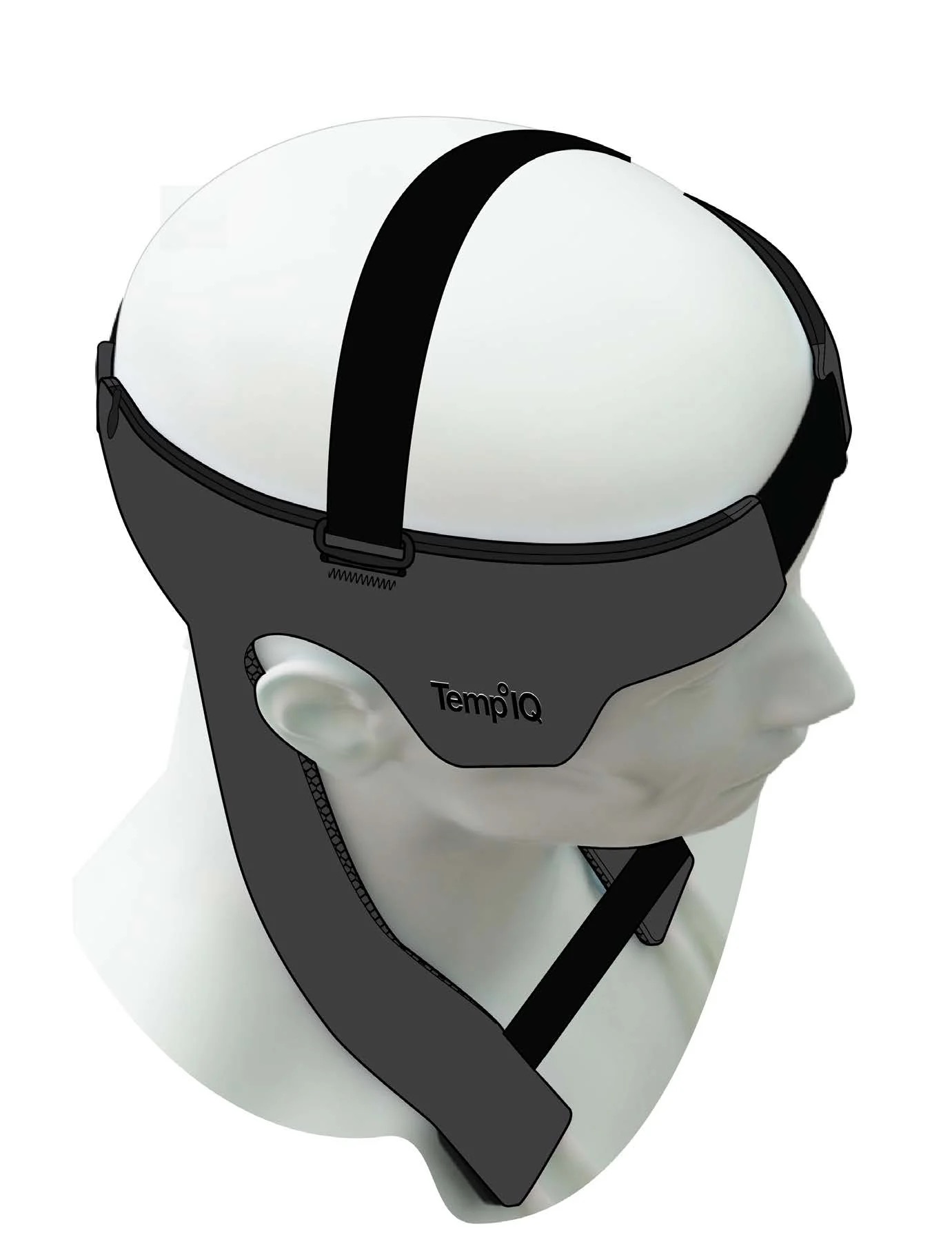 The HALO Cranial Thermal Pack worn on the head — three-quarter view showing conformal fit and adjustable strap